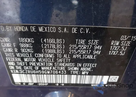 2016 Honda Hr-V Ex from USA, damaged, VIN 3CZRU6H59GM706433